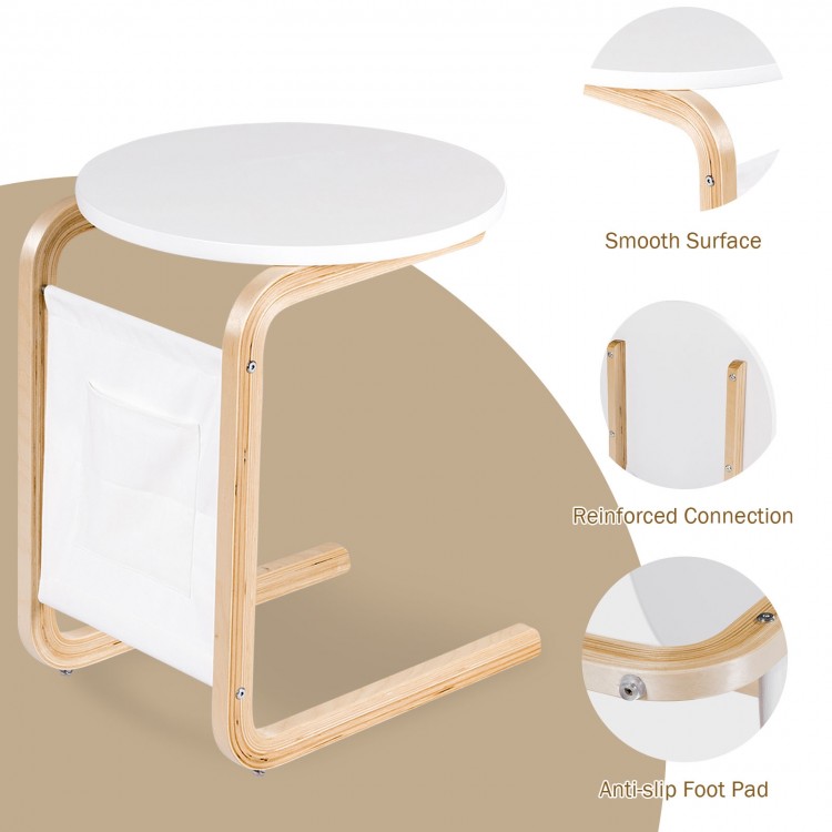 Bentwood sofa side table with round white tabletop, birch wood frame, and side storage bag for convenient organization.