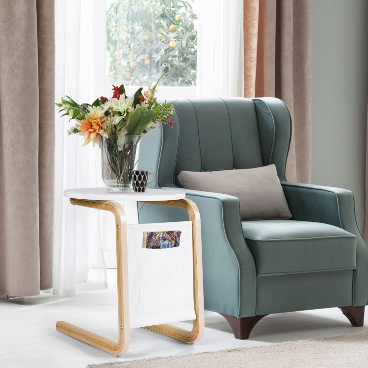Bentwood sofa side table with white lacquered tabletop and side storage bag, perfect for living room or bedroom use.