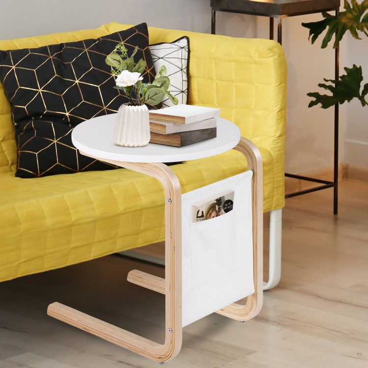 Bentwood sofa side table with white lacquered tabletop, birch wood frame, and side storage bag for convenient access.