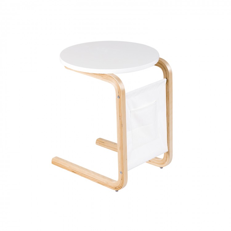 Bentwood sofa side table with round white tabletop and side storage bag, made of birch wood for living room or bedroom.