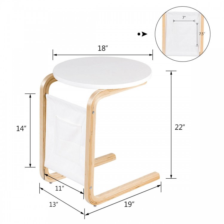 Bentwood sofa side table with round white tabletop, birch wood frame, and side storage bag for convenient access.