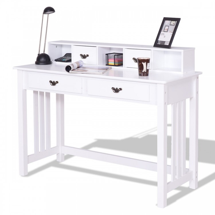 White Home Office Writing Computer Desk with 4 drawers and a floating organizer for efficient workspace organization.