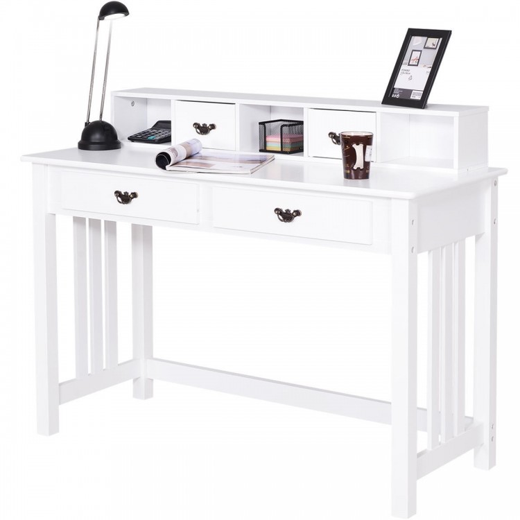 White Home Office Writing Mission Computer Desk with 4 drawers and floating organizer for efficient workspace.