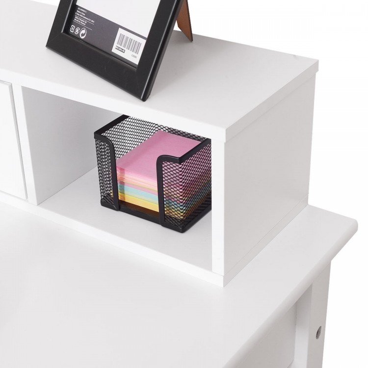 Floating organizer with colorful sticky notes on a white home office writing desk featuring a modern design and sturdy.
