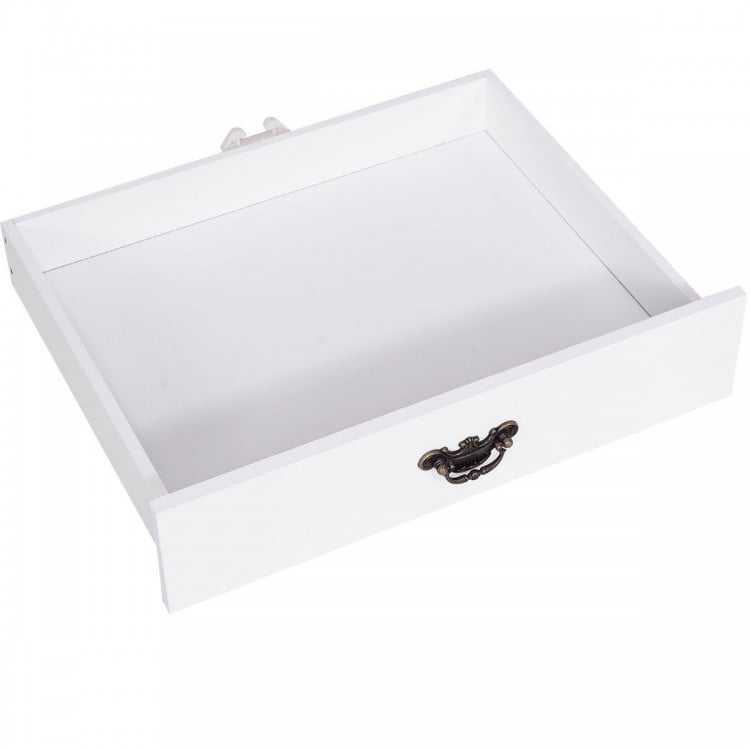 White drawer from the Home Office Writing Mission Computer Desk featuring a classic handle for easy access and.