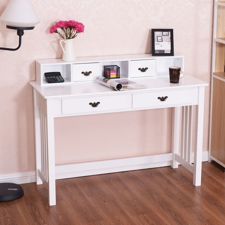 White Home Office Writing Desk with 4 drawers and a floating organizer, perfect for a tidy workspace.