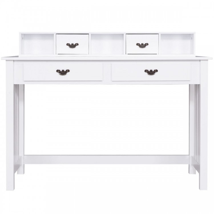 White Home Office Writing Mission Computer Desk showcasing a sleek design with spacious cubbies and dual front drawers.