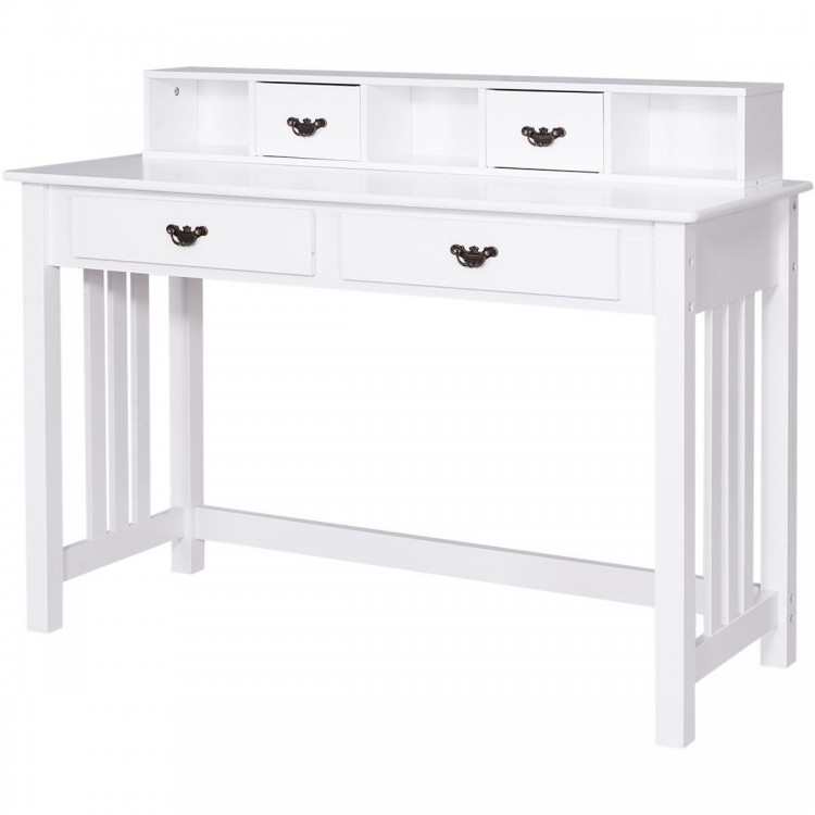White Home Office Writing Computer Desk with 4 drawers and floating organizer for a tidy workspace.