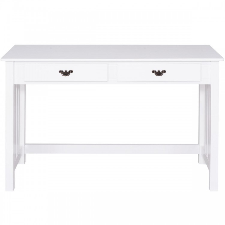 White Home Office Writing Mission Computer Desk with 4 drawers and solid wood legs for organized workspace.