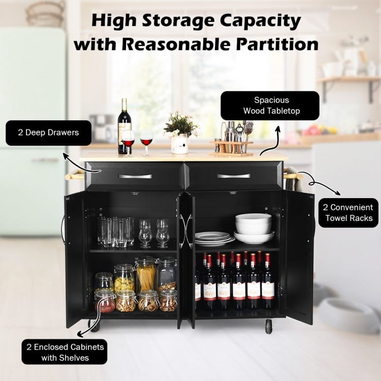 Black wood top rolling kitchen trolley cart with two drawers, two cabinets, and towel racks for versatile storage.