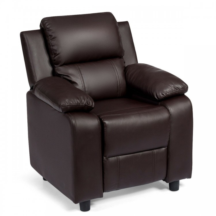 Brown PU leather kids armchair recliner featuring a plush, thick seat cushion for added comfort during playtime or.