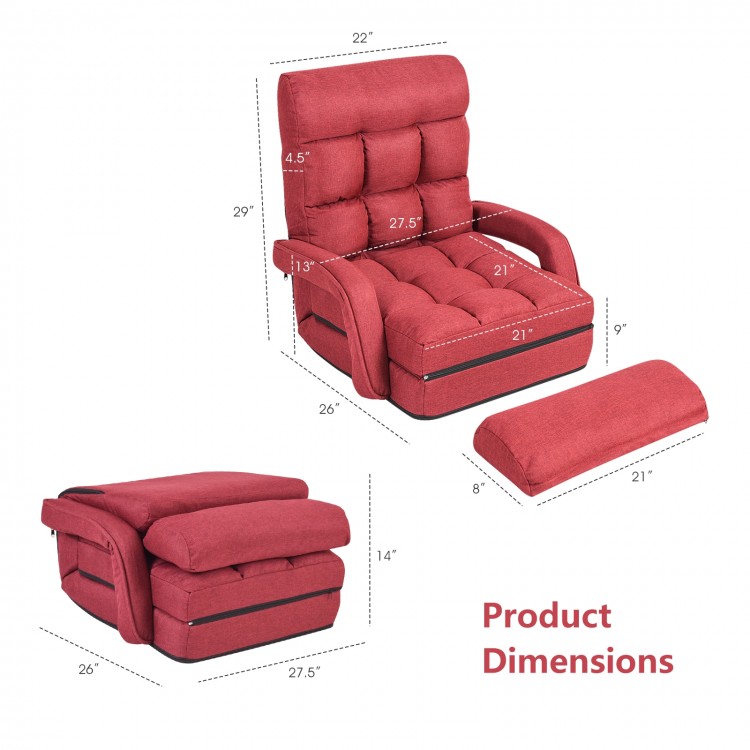 Folding red lazy floor chair with armrests and pillow, adjustable back support, ideal for living room or dorm use.