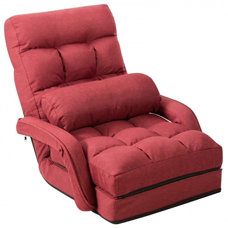 Red folding lazy floor chair sofa with armrests and pillow, adjustable back support for comfortable lounging.