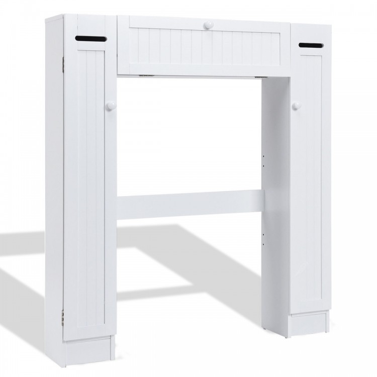 White wooden over the toilet storage cabinet with two side cabinets and a center pull-down door for bathroom.