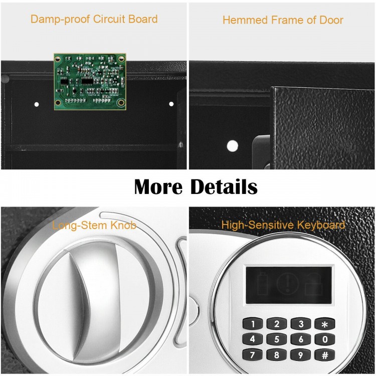 Close-up of the digital keypad and long-stem knob on a 2-layer safe deposit box for secure storage.