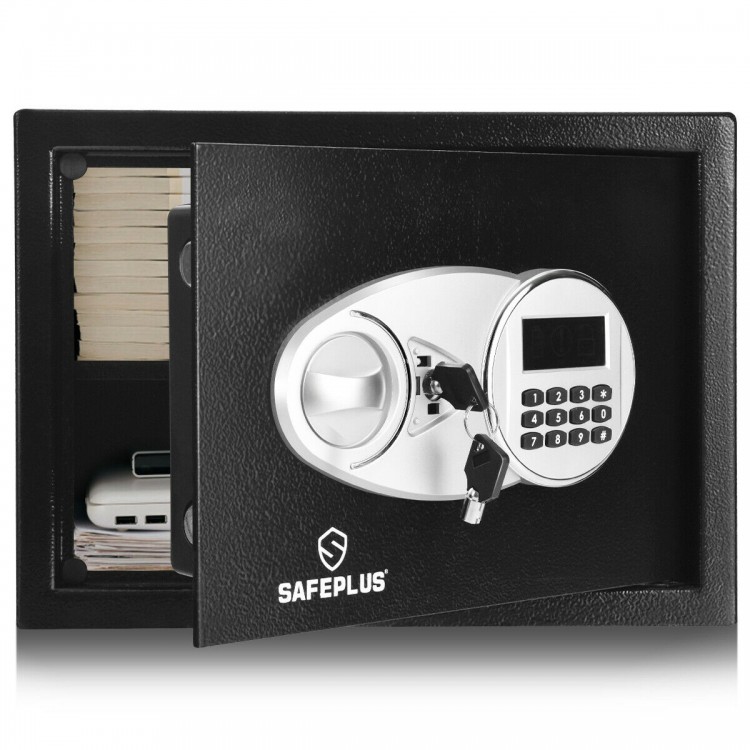 2-layer safe deposit box with digital keypad, featuring a sleek black finish and compact design for secure storage of.