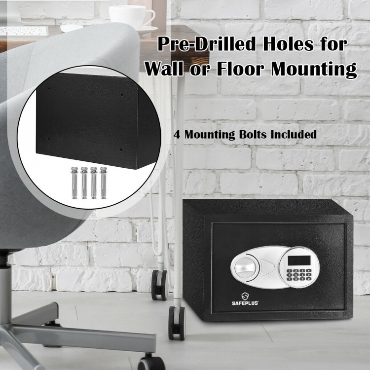 2-layer safe deposit box with digital keypad, made of durable steel, includes pre-drilled holes for wall or floor.
