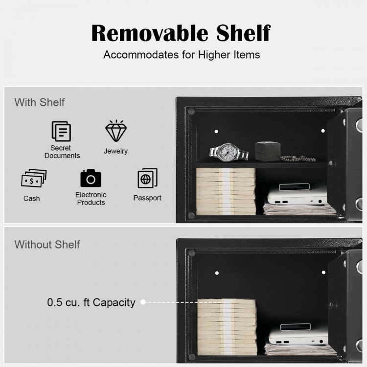 Removable shelf in a 2-layer safe deposit box with digital keypad, ideal for securing jewelry and important documents.