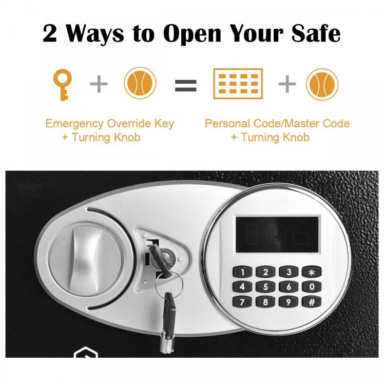 Digital keypad and emergency override key for the 2-layer safe deposit box, ensuring secure access to valuables.