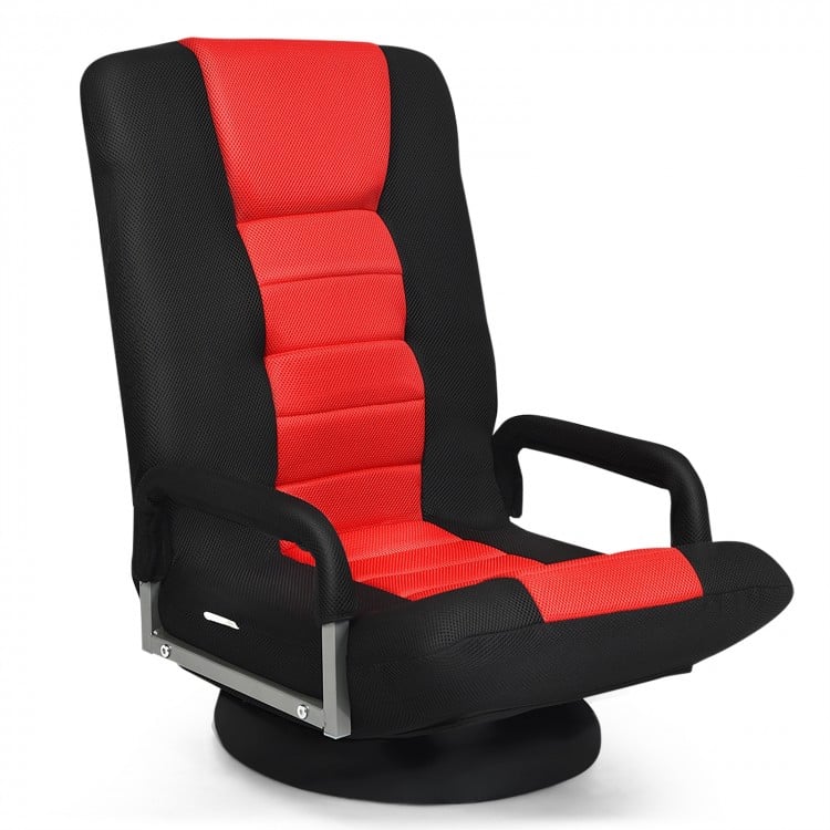 360-degree swivel gaming floor chair in red and black, featuring an adjustable backrest and ergonomic design for.