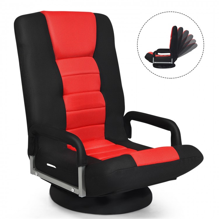 Red and black 360-degree swivel gaming floor chair with adjustable backrest, ergonomic design for comfort and.