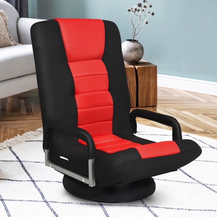Red and black 360-degree swivel gaming floor chair with adjustable backrest, perfect for gaming and relaxation.