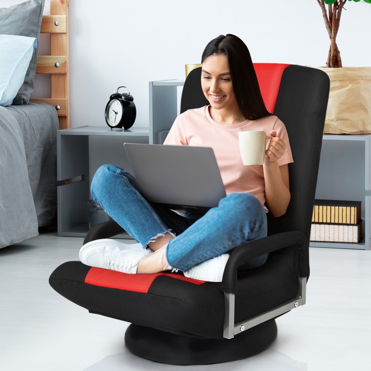 360-degree swivel gaming floor chair in red with adjustable backrest, ideal for gaming, reading, or relaxing.