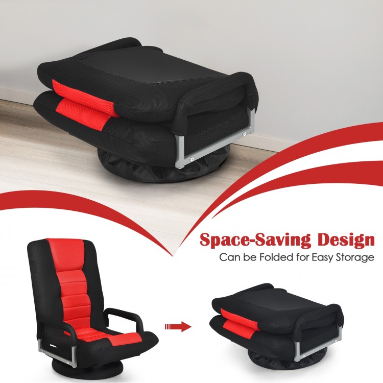 360-degree swivel gaming floor chair with foldable adjustable backrest in red, designed for comfort and easy storage.
