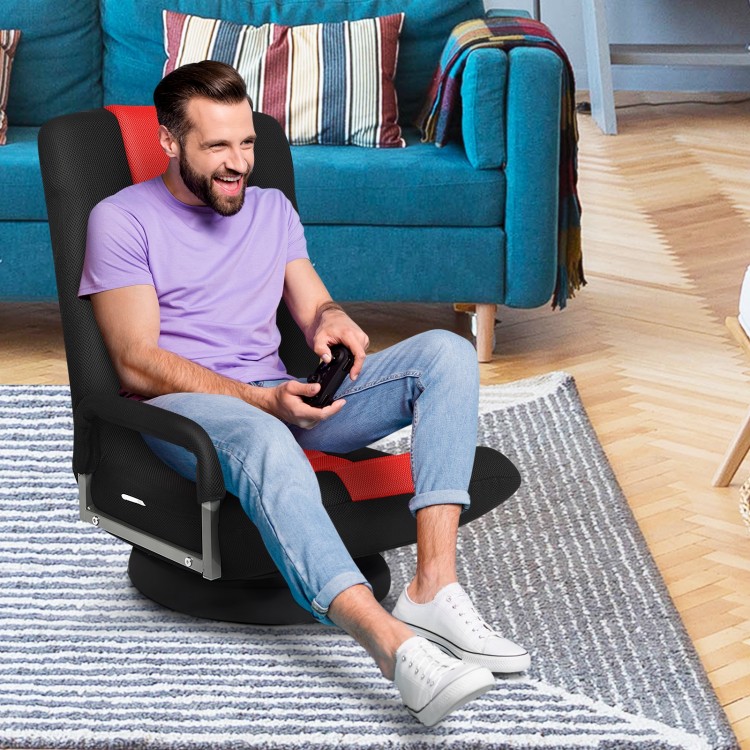 360-degree swivel gaming floor chair in red with adjustable backrest, perfect for gaming and relaxation in any room.