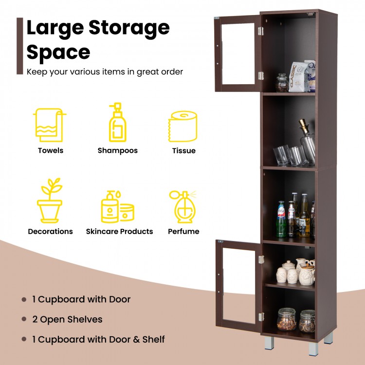 Tall brown bathroom storage cabinet with two open shelves and two cabinets, perfect for organizing essentials in small.