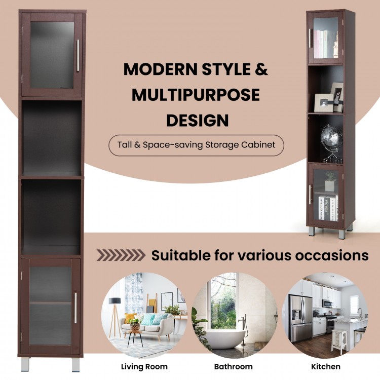 Tall brown storage cabinet with two open shelves and two cabinets, perfect for bathroom or kitchen organization.