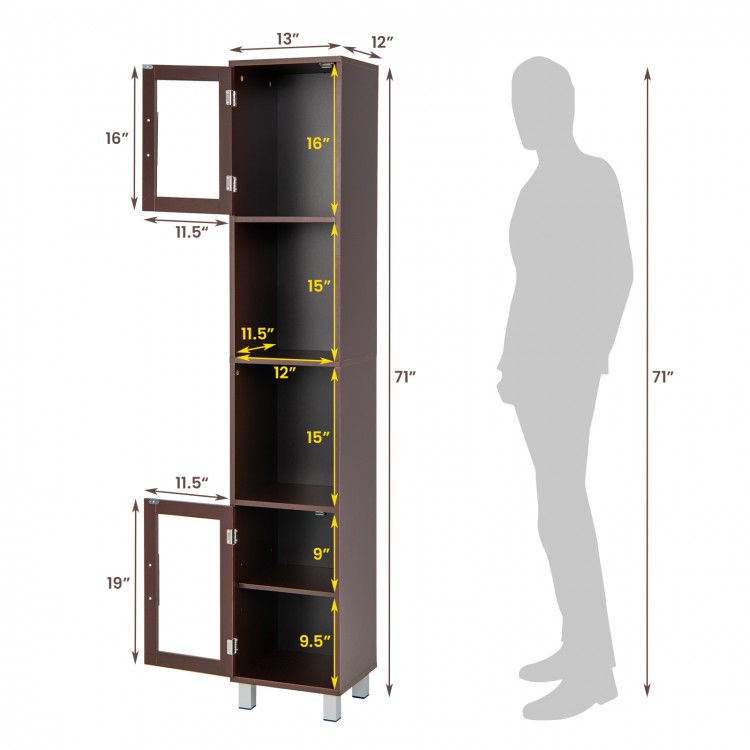 Tall brown bathroom storage cabinet with two open shelves and two cabinets, perfect for organizing any space.