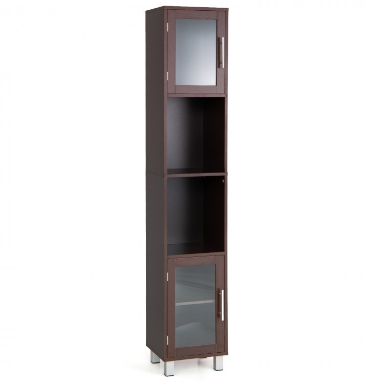 Tall brown bathroom storage cabinet with two open shelves and two glass-fronted cabinets for organized display.