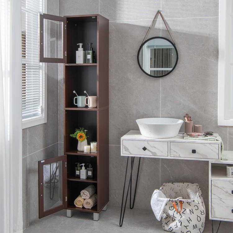 Tall brown bathroom storage cabinet with two open shelves and two cabinets, perfect for organizing essentials in any.