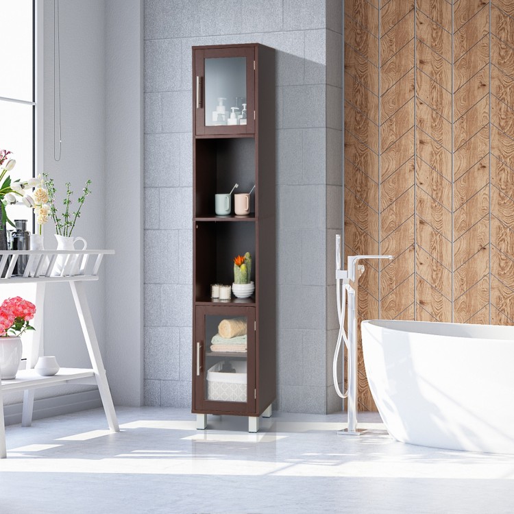 Tall brown bathroom storage cabinet featuring a modern design, ideal for maximizing space with ample storage options.