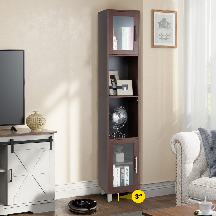 Tall brown storage cabinet with glass doors, featuring two open shelves and two cabinets for organized display in any.