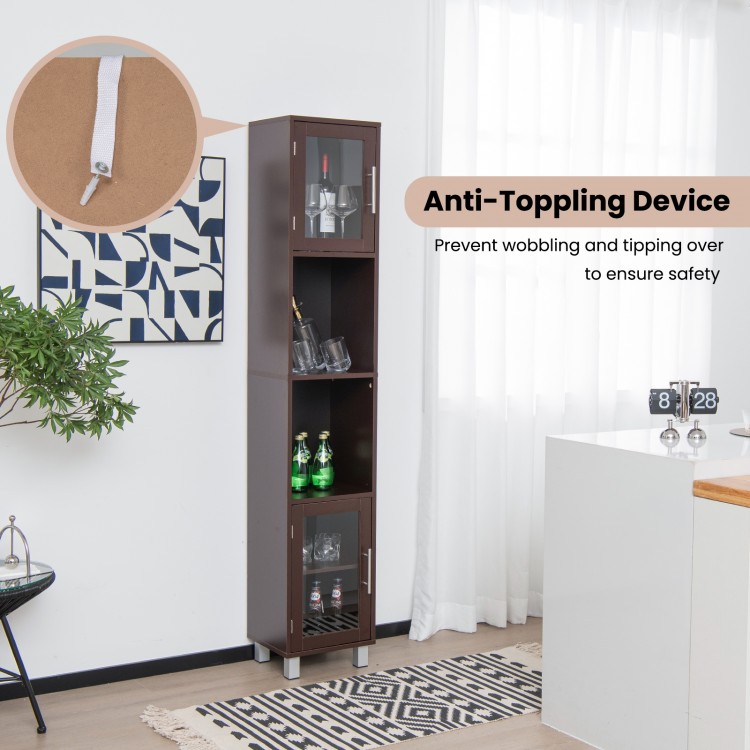 Tall brown bathroom storage cabinet with two open shelves and two cabinets, featuring an anti-tipping device for safety.