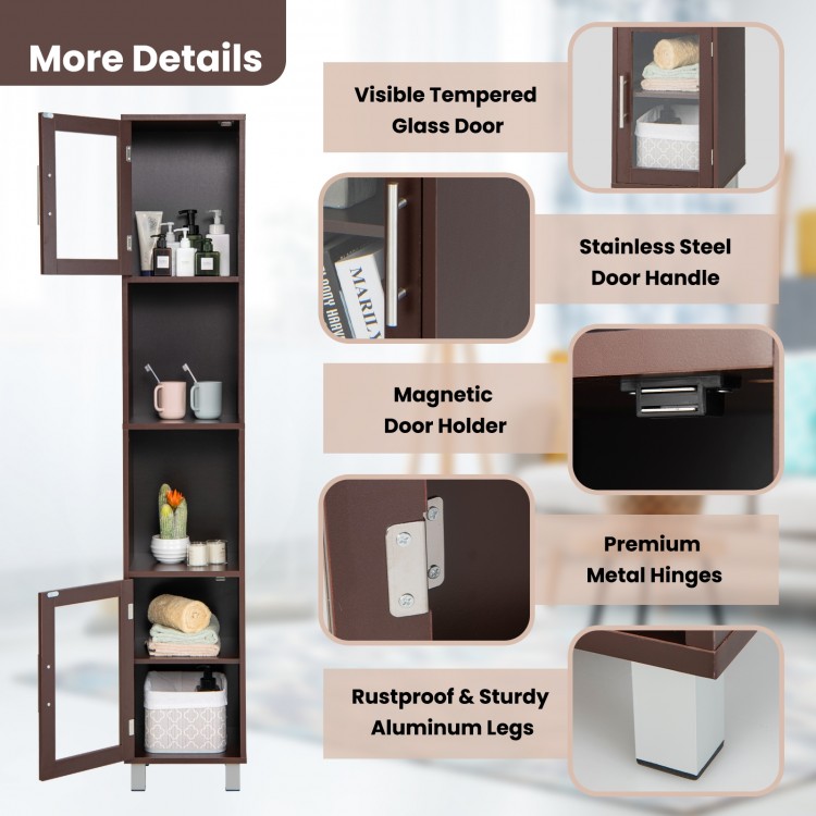 Tall brown bathroom storage cabinet with tempered glass door, stainless steel handle, and aluminum legs for.
