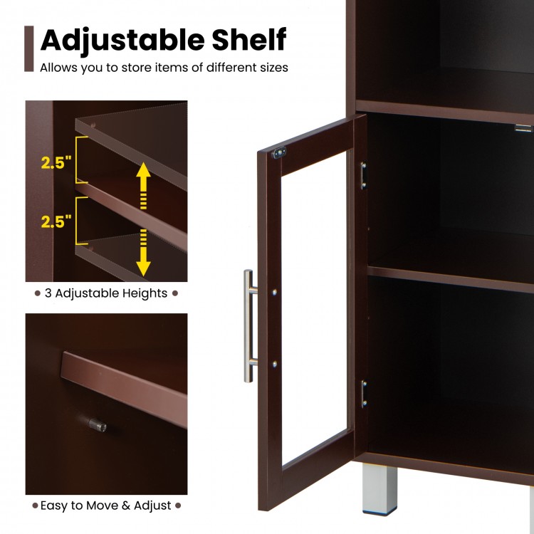 Adjustable shelf detail of the 71-inch tall brown bathroom storage cabinet for versatile organization and space-saving.