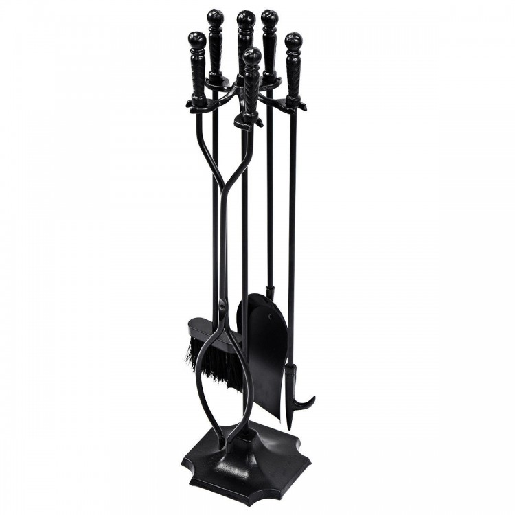 Five-piece fireplace tool set with poker, brush, shovel, and log lifter in a durable black finish for indoor or outdoor.