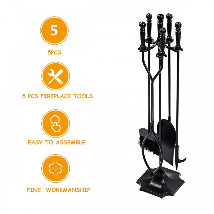 5-piece fireplace tool set with poker, brush, shovel, and log lifter in durable metal for indoor or outdoor use.