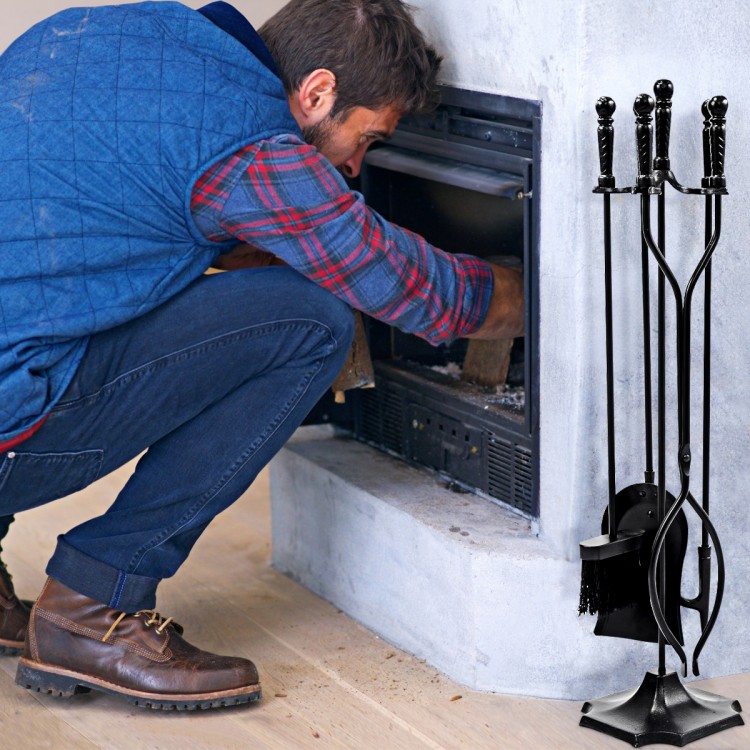 5-piece fireplace tool set with poker, brush, shovel, and log lifter, featuring a durable powder-coated finish.