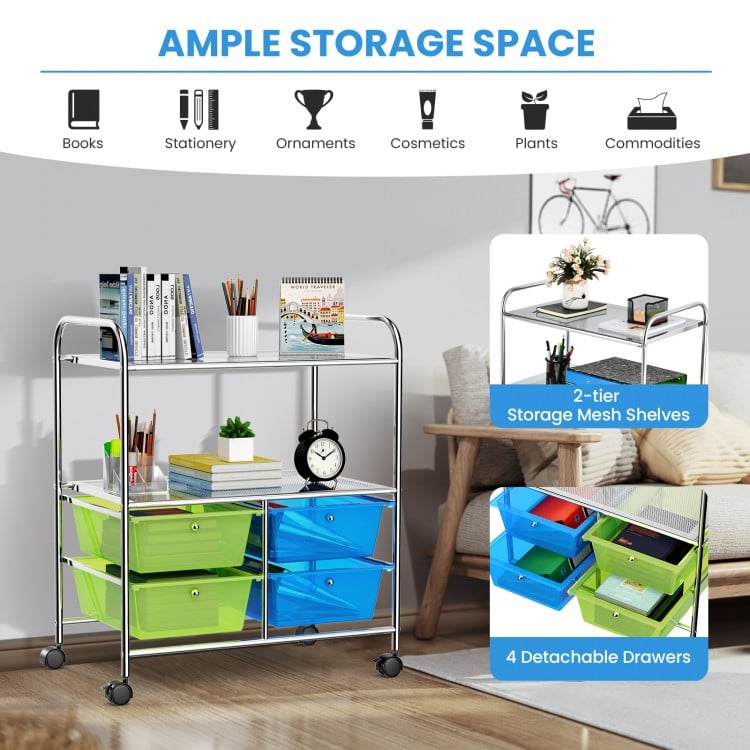 Rolling storage cart with 4 blue and green drawers and 2 metal mesh shelves, ideal for kitchen or office organization.