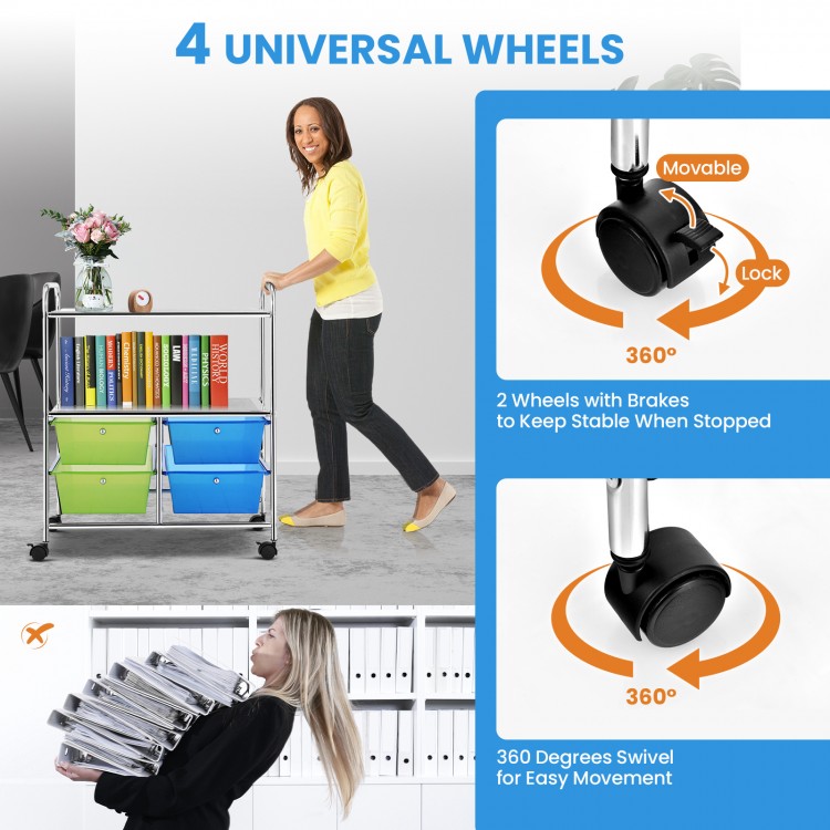 Rolling storage cart with 4 big drawers in blue and green, featuring 4 universal wheels for easy movement and stability.