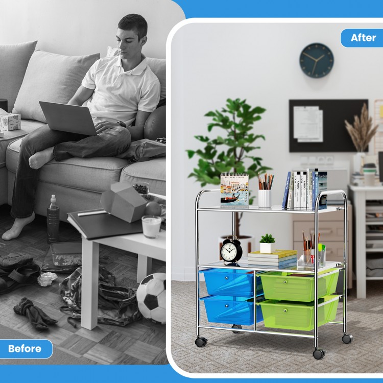 Rolling storage cart with 4 big blue and green drawers, steel frame, and 2 mesh shelves for versatile organization.
