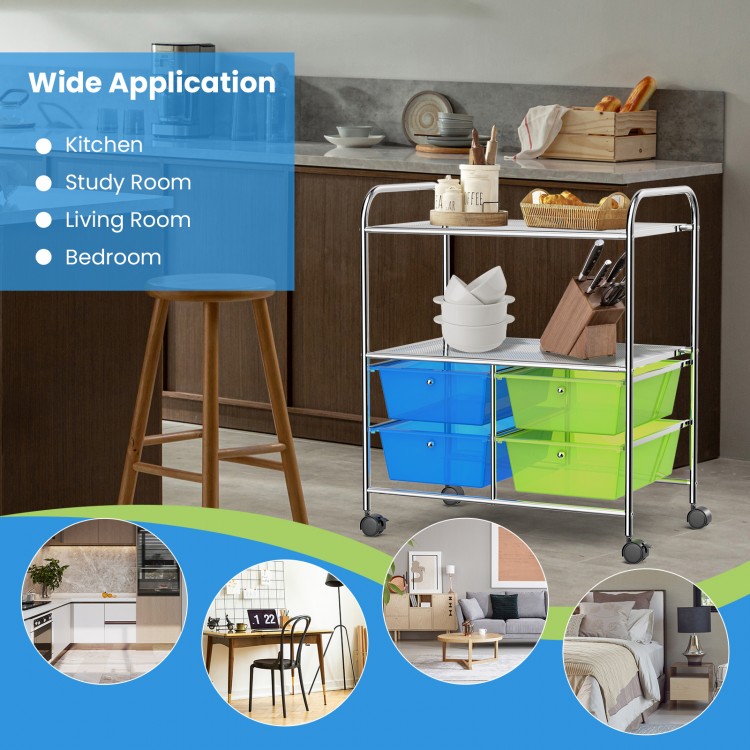 Rolling storage cart with 4 big drawers in blue and green, featuring a steel frame and 2 mesh shelves for versatile use.
