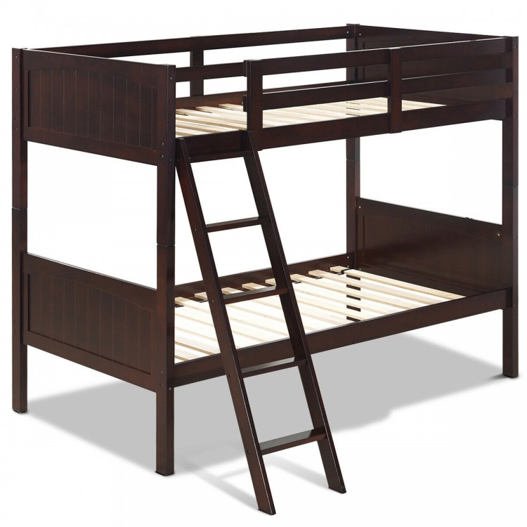 Twin size wooden bunk bed in brown with a sleek painted surface and solid wood construction, ideal for space-saving in.