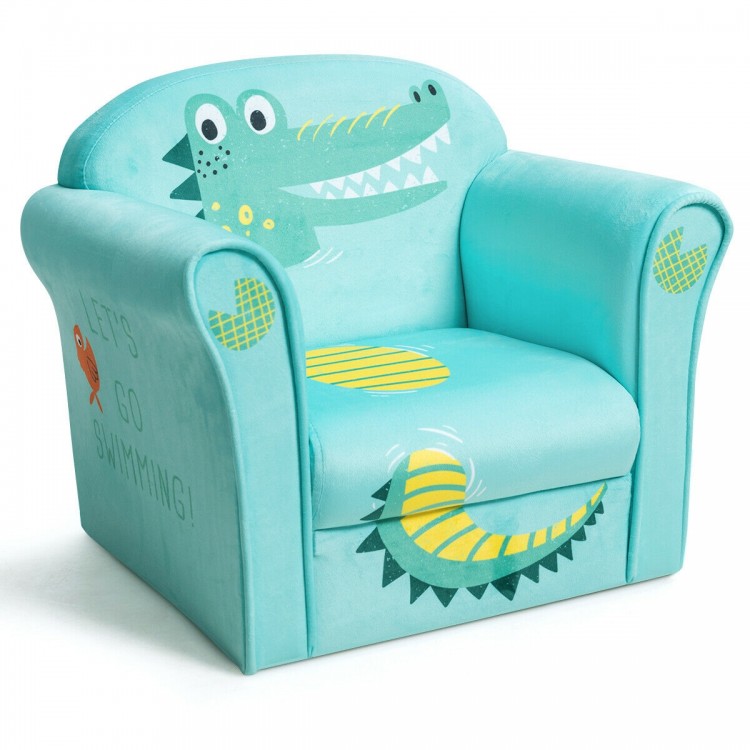 Kids crocodile armrest upholstered couch in blue with cute patterns, designed for comfort and safety for children.