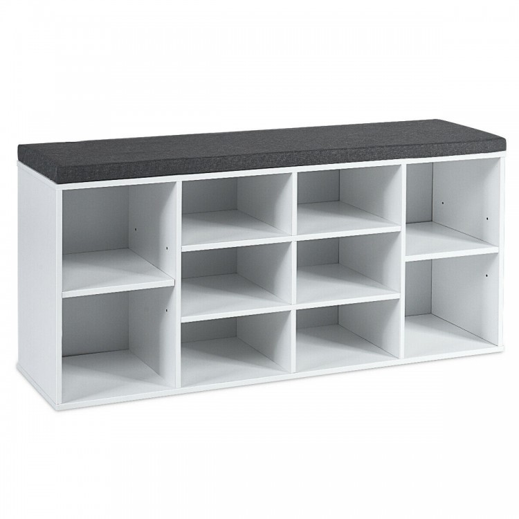 Side view of the 10-cube organizer entryway padded shoe storage bench in white, showcasing adjustable shelves and.
