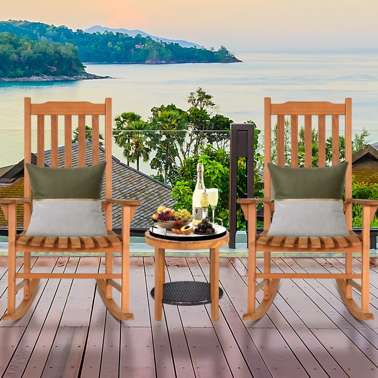 Outdoor rocking chair made of premium eucalyptus wood, designed with a contoured seat and elegant finish for patio.